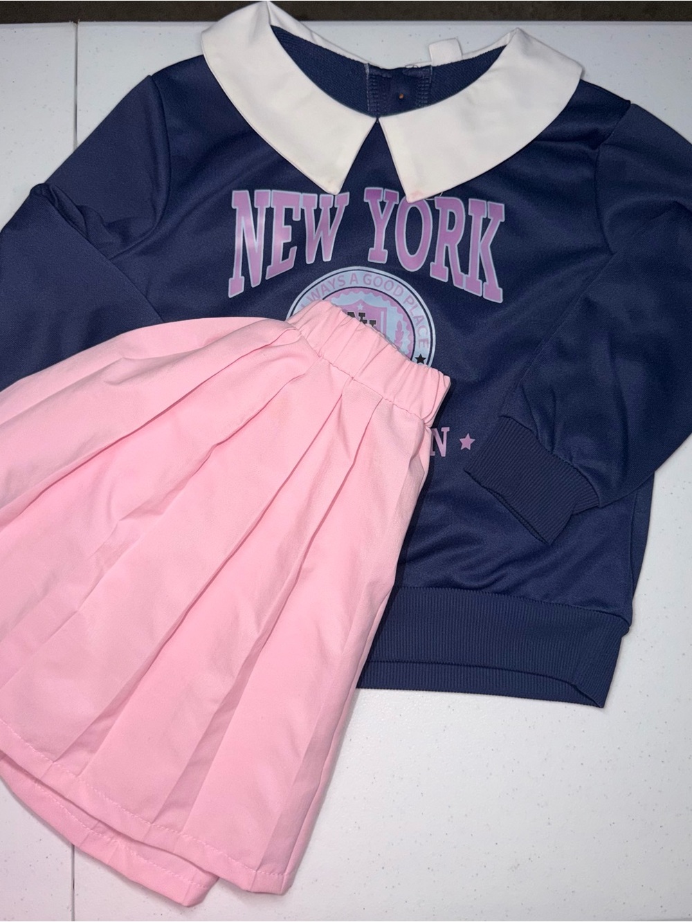 SHEIN Navy Sweatshirt with White Collar & Pink Skirt Set